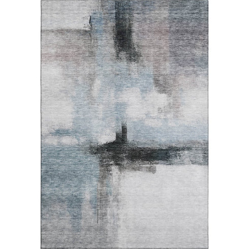 5' X 8' Blue Charcoal And Ivory Abstract Washable Area Rug With UV Protection