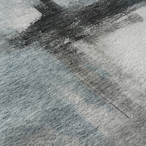 5' X 8' Blue Charcoal And Ivory Abstract Washable Area Rug With UV Protection