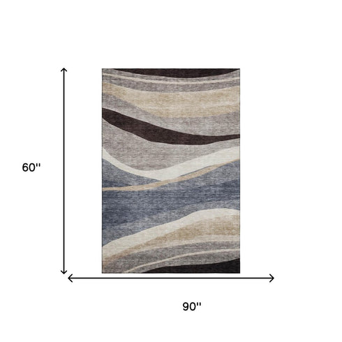 5' X 8' Blue Brown And Taupe Abstract Washable Area Rug With UV Protection