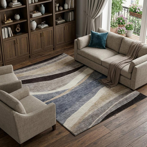 8' X 10' Blue Brown And Taupe Abstract Washable Area Rug With UV Protection
