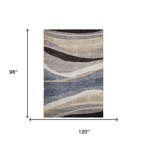 8' X 10' Blue Brown And Taupe Abstract Washable Area Rug With UV Protection
