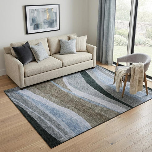 5' X 8' Brown Blue And Silver Abstract Washable Area Rug With UV Protection