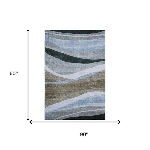 5' X 8' Brown Blue And Silver Abstract Washable Area Rug With UV Protection
