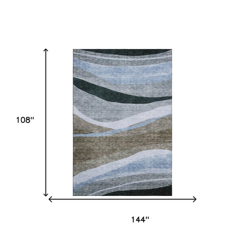 9' X 12' Brown Blue And Silver Abstract Washable Area Rug With UV Protection