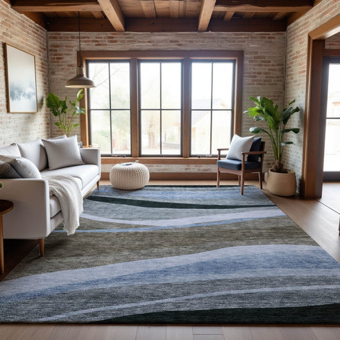 9' X 12' Brown Blue And Silver Abstract Washable Area Rug With UV Protection