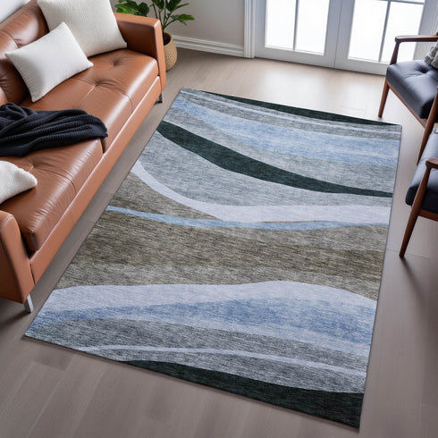 9' X 12' Brown Blue And Silver Abstract Washable Area Rug With UV Protection