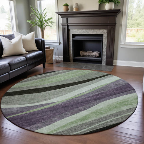 8' Purple Green And Ivory Abstract Washable Round Rug With UV Protection