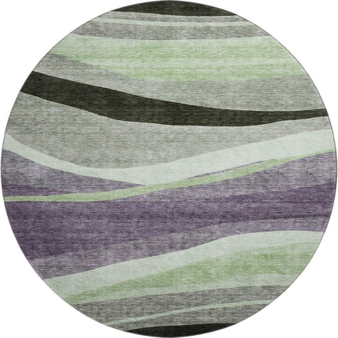 8' Purple Green And Ivory Abstract Washable Round Rug With UV Protection