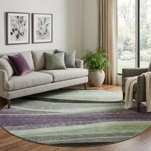 8' Purple Green And Ivory Abstract Washable Round Rug With UV Protection