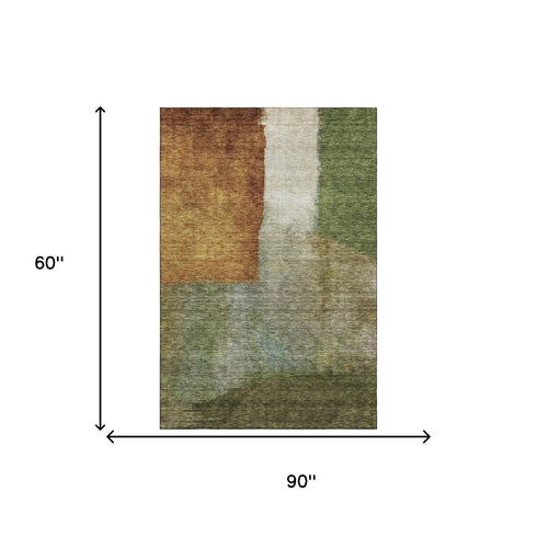 5' X 8' Green Ivory And Brown Abstract Washable Area Rug With UV Protection