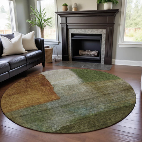 8' Green Ivory And Brown Abstract Washable Round Rug With UV Protection