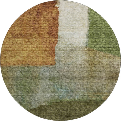 8' Green Ivory And Brown Abstract Washable Round Rug With UV Protection