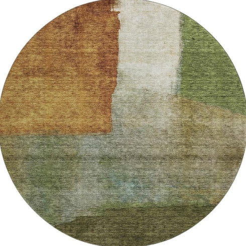 8' Green Ivory And Brown Abstract Washable Round Rug With UV Protection