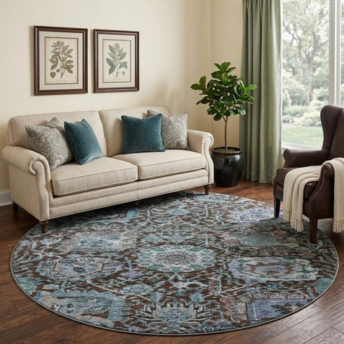 8' Chocolate And Teal Damask Washable Round Rug With UV Protection
