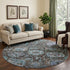 8' Chocolate And Teal Damask Washable Round Rug With UV Protection