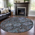 8' Chocolate And Teal Damask Washable Round Rug With UV Protection