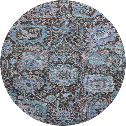 8' Chocolate And Teal Damask Washable Round Rug With UV Protection