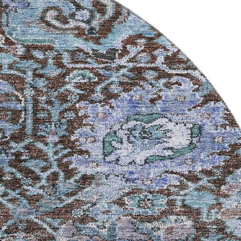8' Chocolate And Teal Damask Washable Round Rug With UV Protection