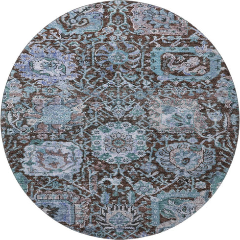 8' Chocolate And Teal Damask Washable Round Rug With UV Protection
