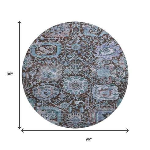 8' Chocolate And Teal Damask Washable Round Rug With UV Protection