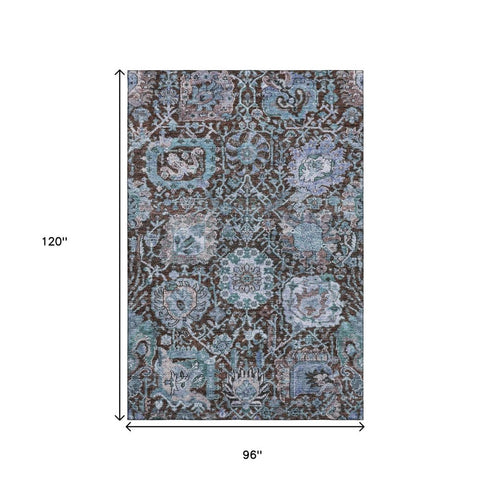 8' X 10' Chocolate And Teal Damask Washable Area Rug With UV Protection