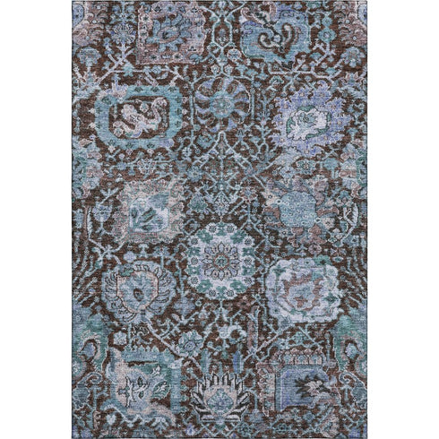 8' X 10' Chocolate And Teal Damask Washable Area Rug With UV Protection
