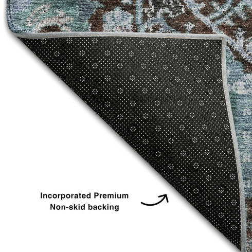 8' X 10' Chocolate And Teal Damask Washable Area Rug With UV Protection