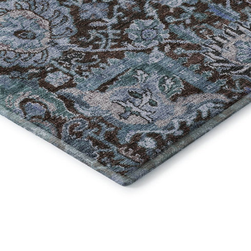 8' X 10' Chocolate And Teal Damask Washable Area Rug With UV Protection