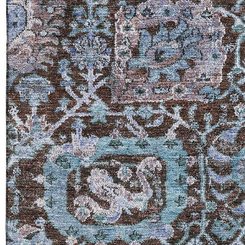 8' X 10' Chocolate And Teal Damask Washable Area Rug With UV Protection