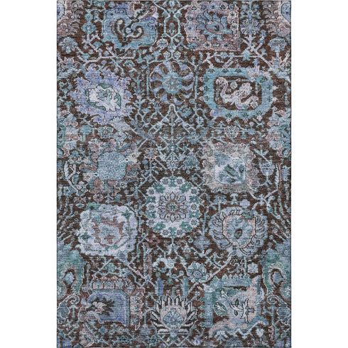 8' X 10' Chocolate And Teal Damask Washable Area Rug With UV Protection