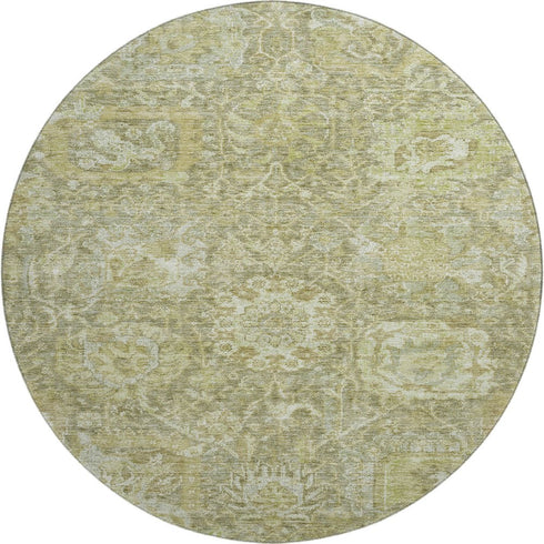 8' Sage And Ivory Damask Washable Round Rug With UV Protection