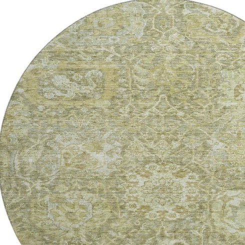 8' Sage And Ivory Damask Washable Round Rug With UV Protection