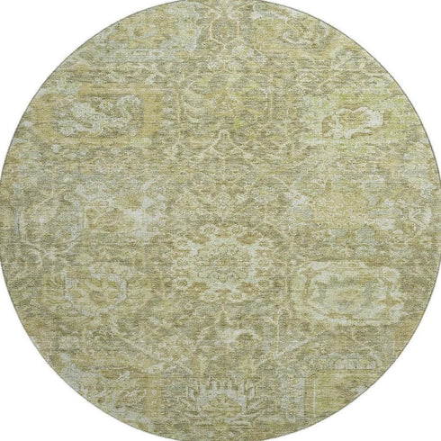 8' Sage And Ivory Damask Washable Round Rug With UV Protection