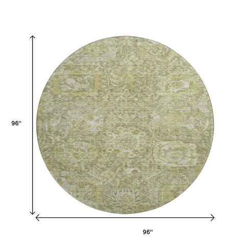 8' Sage And Ivory Damask Washable Round Rug With UV Protection