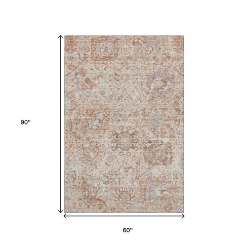 5' X 8' Coral Ivory And Rust Damask Washable Area Rug With UV Protection