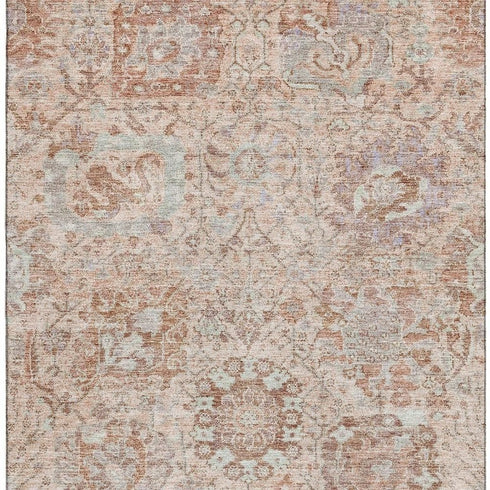5' X 8' Coral Ivory And Rust Damask Washable Area Rug With UV Protection