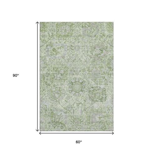 5' X 8' Mint Green Gray And Ivory Damask Washable Area Rug With UV Protection