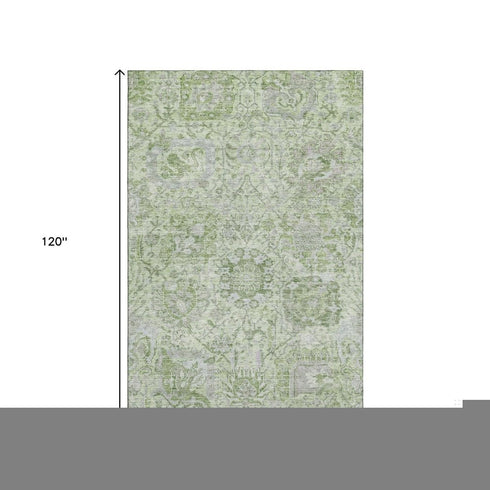 8' X 10' Mint Green Gray And Ivory Damask Washable Area Rug With UV Protection