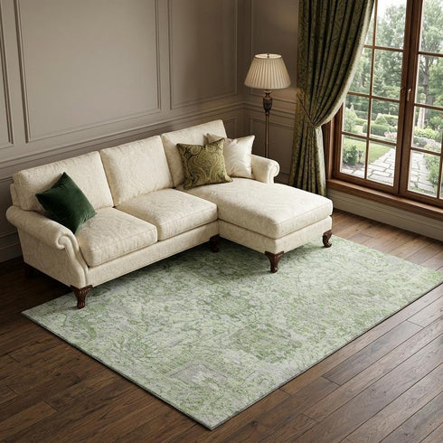 8' X 10' Mint Green Gray And Ivory Damask Washable Area Rug With UV Protection