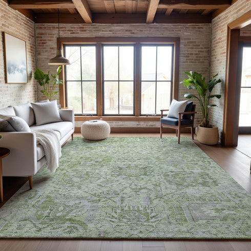 8' X 10' Mint Green Gray And Ivory Damask Washable Area Rug With UV Protection