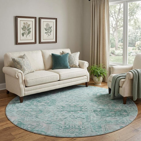 8' Teal Gray And Ivory Damask Washable Round Rug With UV Protection