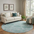 8' Teal Gray And Ivory Damask Washable Round Rug With UV Protection