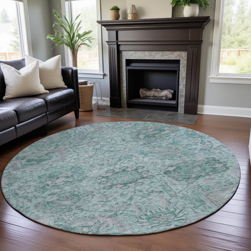 8' Teal Gray And Ivory Damask Washable Round Rug With UV Protection