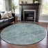 8' Teal Gray And Ivory Damask Washable Round Rug With UV Protection