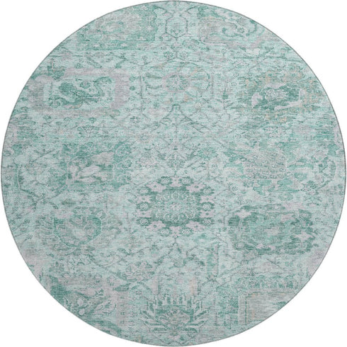 8' Teal Gray And Ivory Damask Washable Round Rug With UV Protection