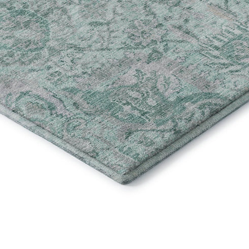 8' Teal Gray And Ivory Damask Washable Round Rug With UV Protection