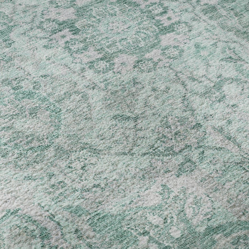 8' Teal Gray And Ivory Damask Washable Round Rug With UV Protection