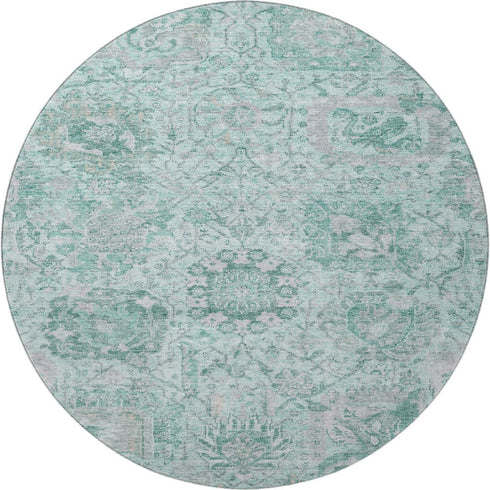 8' Teal Gray And Ivory Damask Washable Round Rug With UV Protection