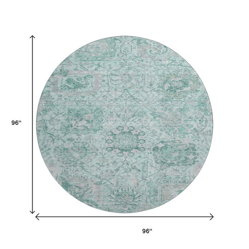 8' Teal Gray And Ivory Damask Washable Round Rug With UV Protection