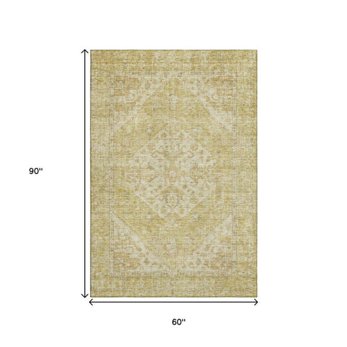 5' X 8' Gold And Beige Medallion Washable Area Rug With UV Protection